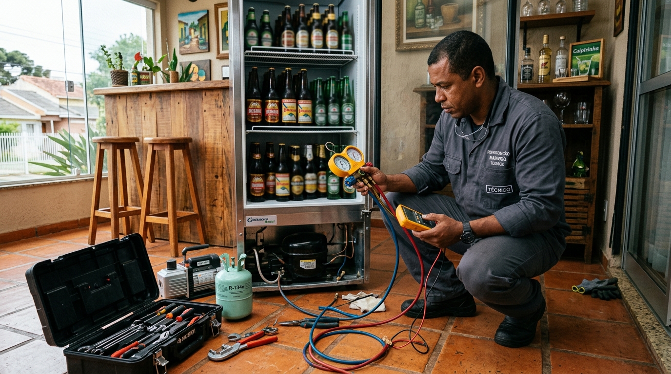 Técnico realizando manutenção de motor de cervejeira em Cabo Frio‑RJ