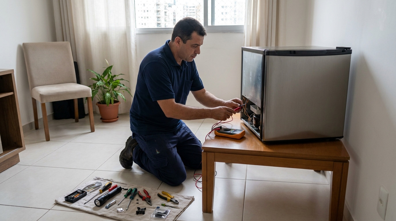 Técnico realizando manutenção de motor de frigobar em Cabo Frio‑RJ