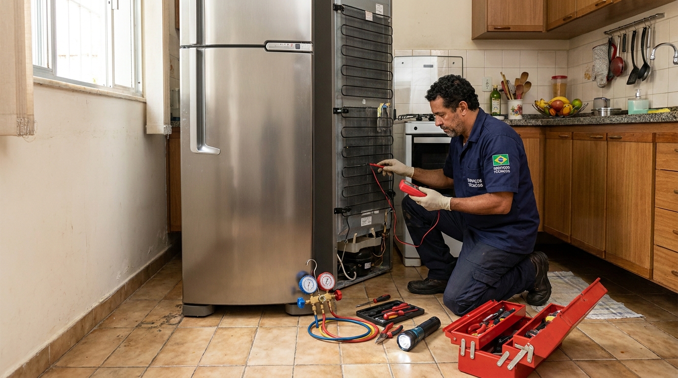 Técnico realizando manutenção de motor de geladeira em Cabo Frio‑RJ