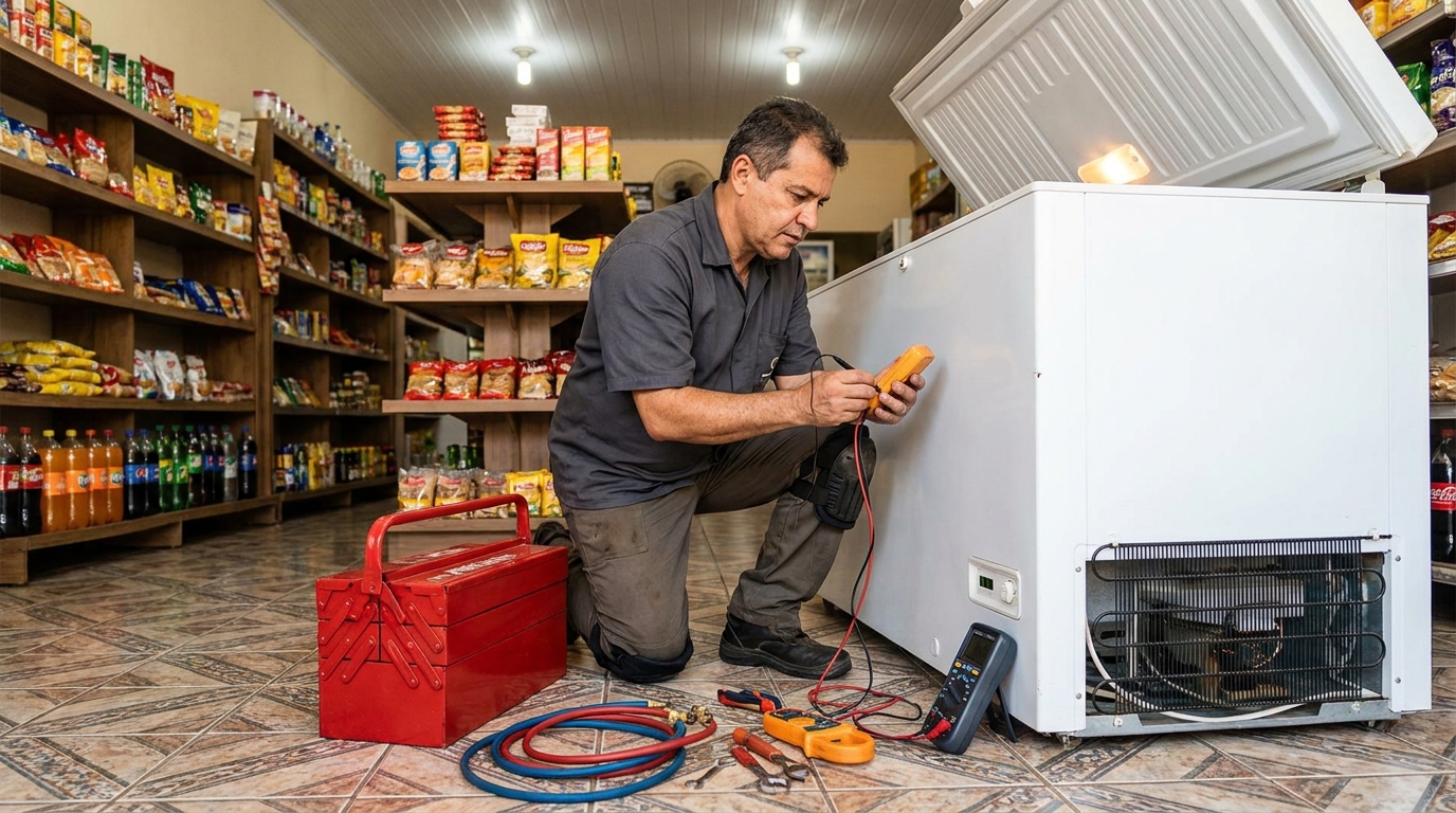 Recarga de gás refrigerante em freezer em atendimento em Cabo Frio‑RJ